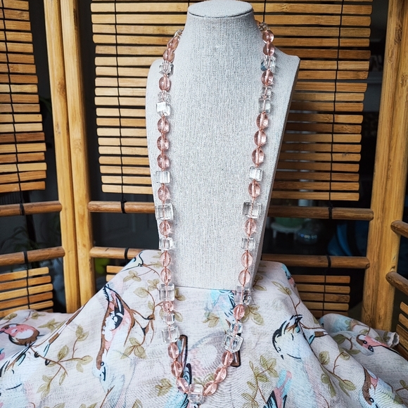 Glass Clear Ice Cube Square and Oval Pink Acrylic Long Bead Necklace Talbot's - Picture 1 of 12